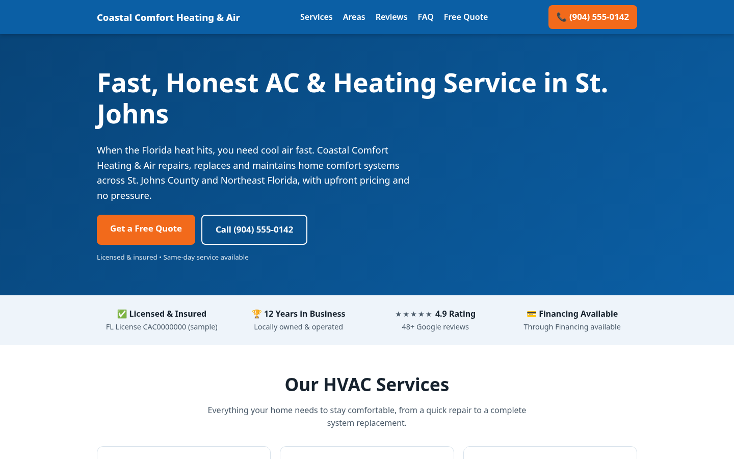 Desktop view of the Coastal Comfort Heating and Air sample site