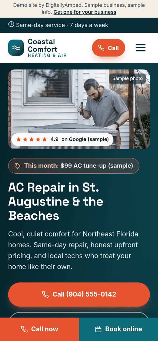 Phone view of the Coastal Comfort sample site with a tap-to-call bar
